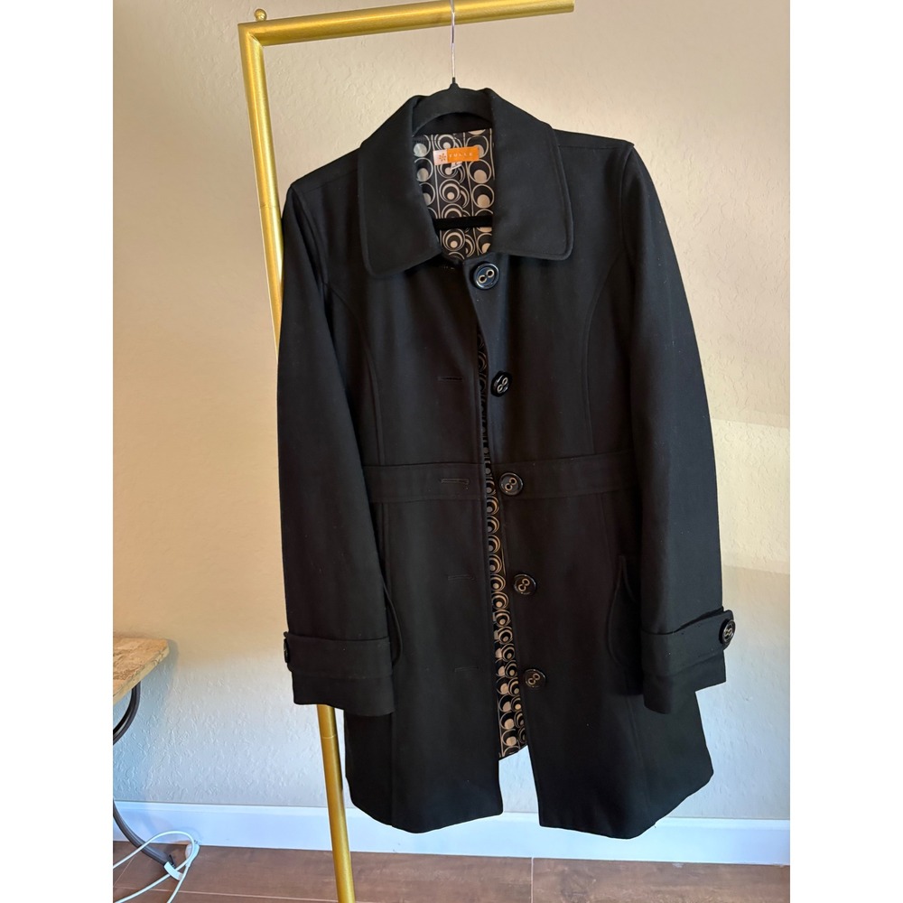 Tulle Black Wool Blend Pea Coat Mid Length Mod Circle Lining Womens‎ L Retro 70s